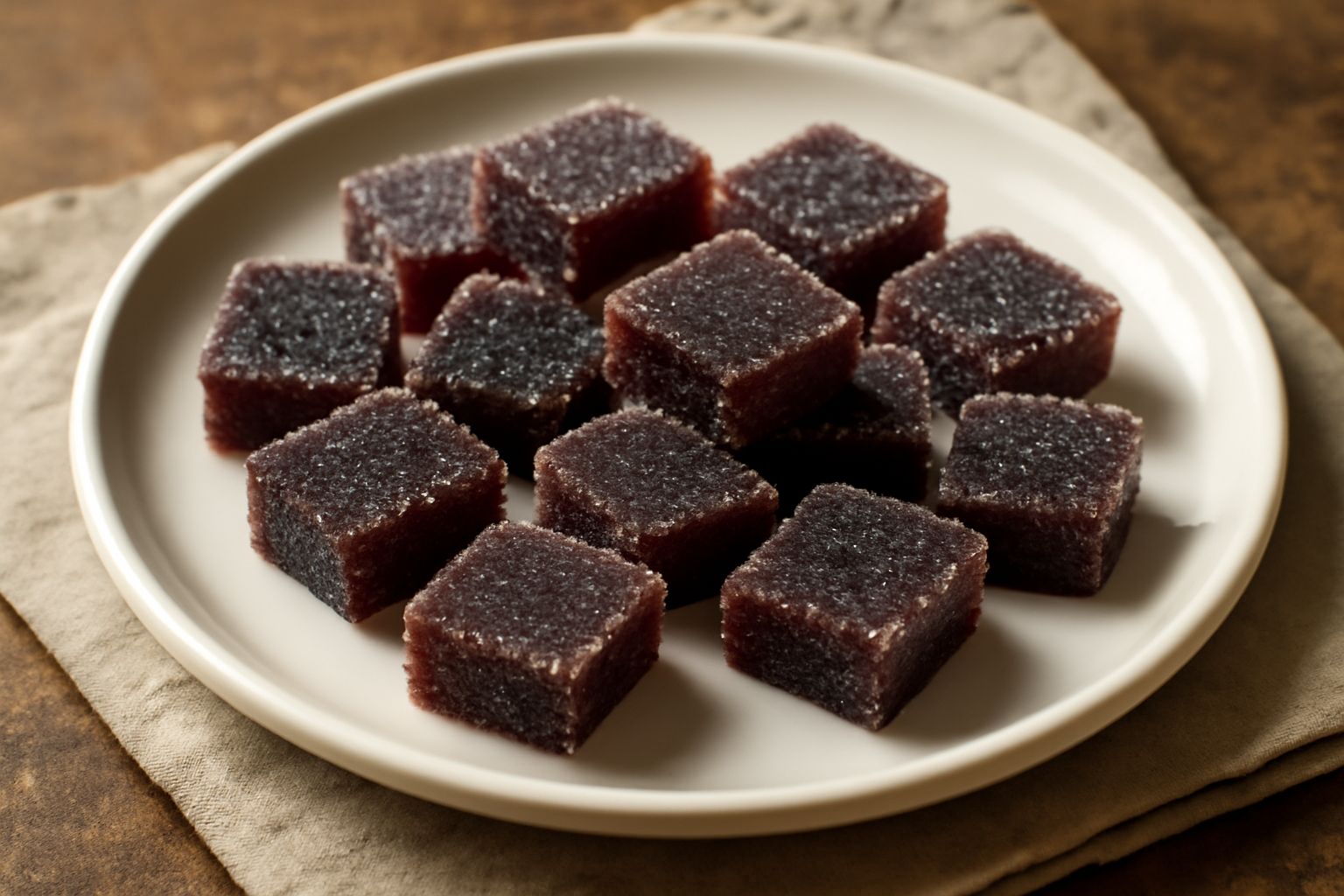Bonbon di mosto di forma cubica e ovale, con superficie lucida ricoperta di zucchero, tonalità marrone scuro e viola, disposti su un piatto bianco con foglie di uva disegnate