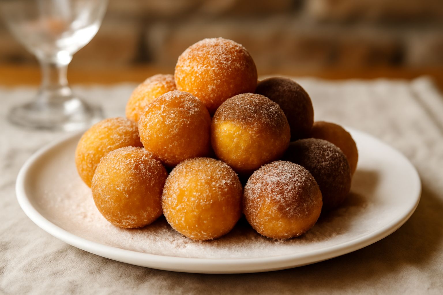 Bonbon di polenta dorati e croccanti disposti su un piatto bianco, ricoperti di zucchero o cacao, con una tazza di caffè sul fondo