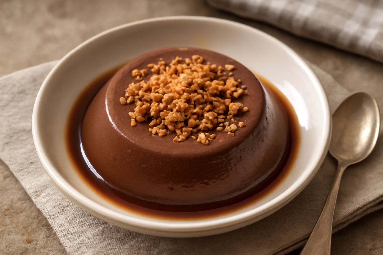 Bonet in ciotola di ceramica bianca, superficie marrone scuro del budino al cacao con leggera lucentezza, guarnizione di amaretti sbriciolati in cima, servito in piatto con cucchiaio
