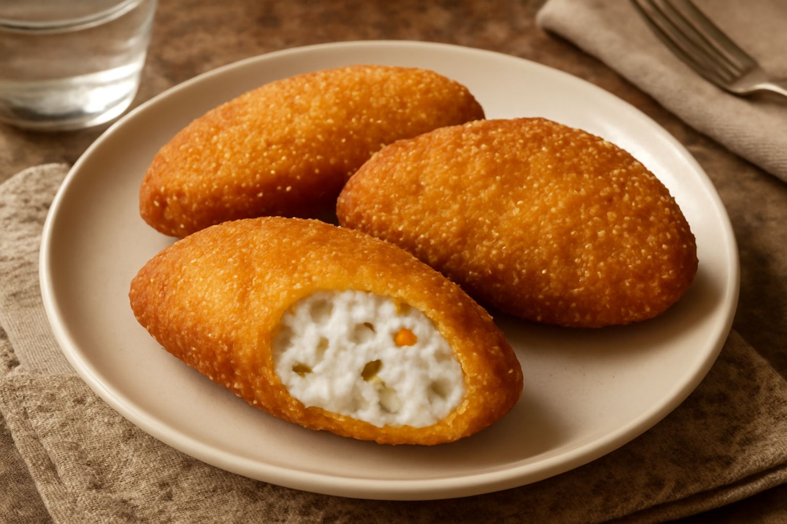Bonissime appena fritte, dorate e croccanti, cosparse di zucchero a velo, servite su un piatto bianco con sfondo neutro