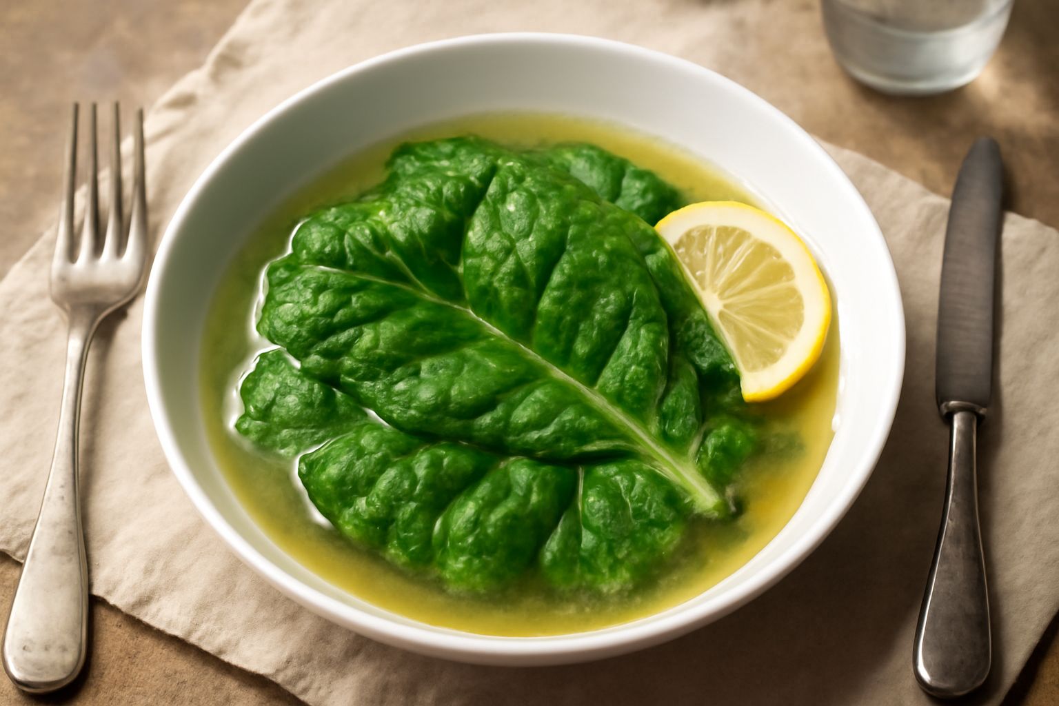 Ciotola di ceramica bianca con borago verde tenero immerso in brodo trasparente freddo, guarnito con una fetta di limone e foglie fresche di borago sulle spalle del piatto