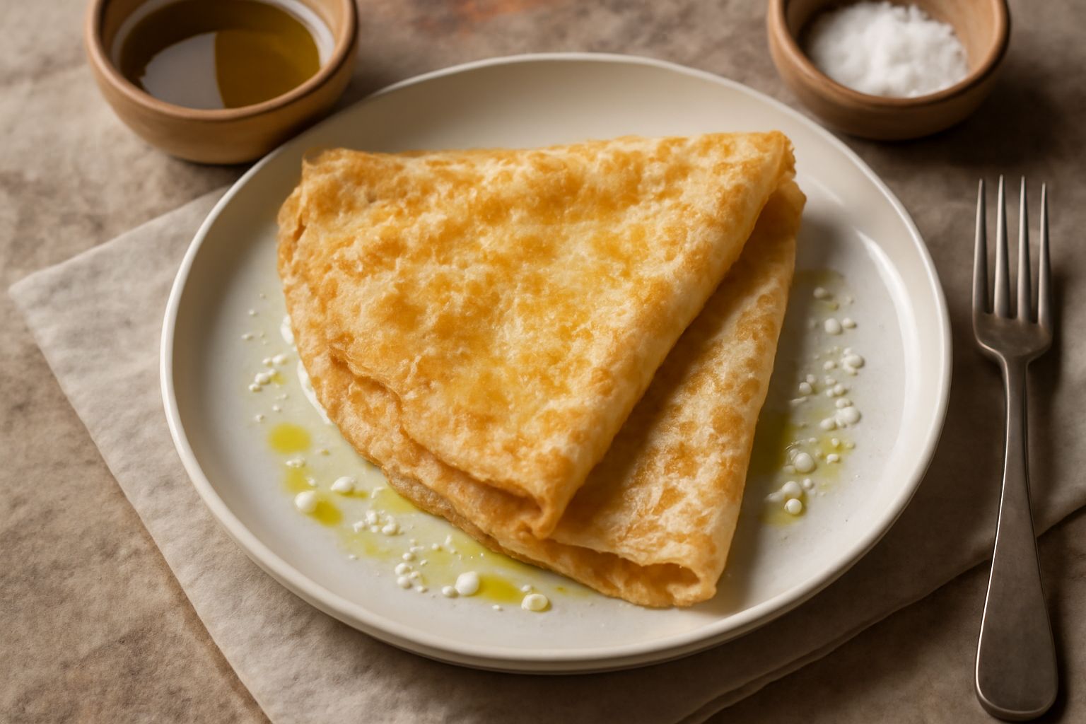 Borlengo dorato e croccante piegato a triangolo nel piatto bianco, con il interno ancora umido visibile alla frattura, accanto a un piattino con olio extravergine