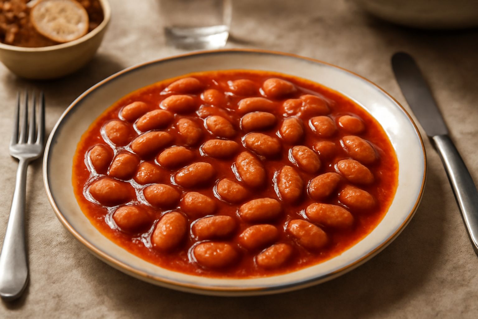Borlotti in umido in una ciotola di ceramica bianca: fagioli rossi e bianchi in salsa di pomodoro denso e olio, con cipolla cotta, su fondo di legno chiaro