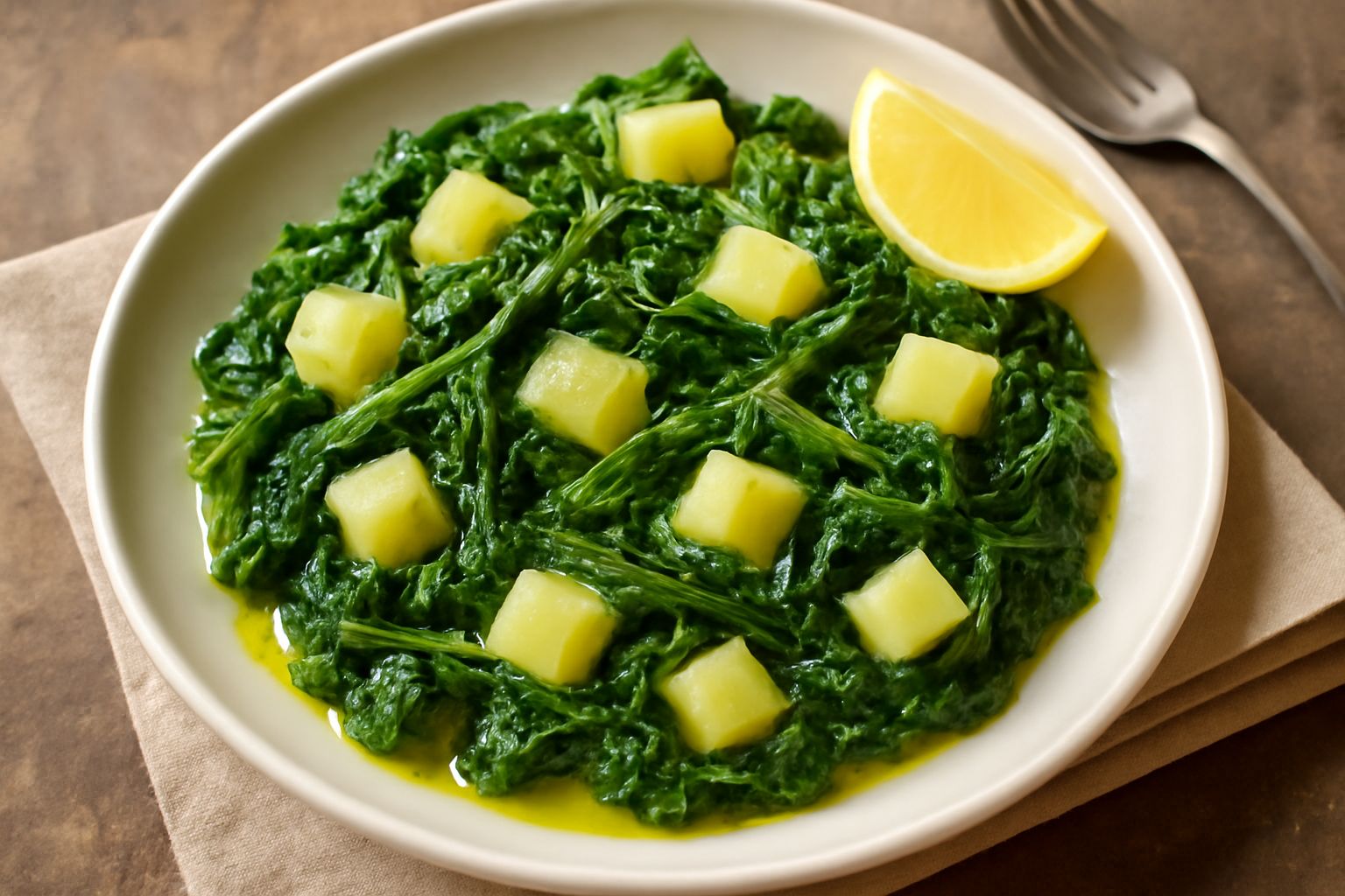 Piatto bianco con borraggine verde scuro e patate bianche tagliate a dadini, condite con olio verde e un filo di limone, guarnite con uno spicchio di limone sul bordo