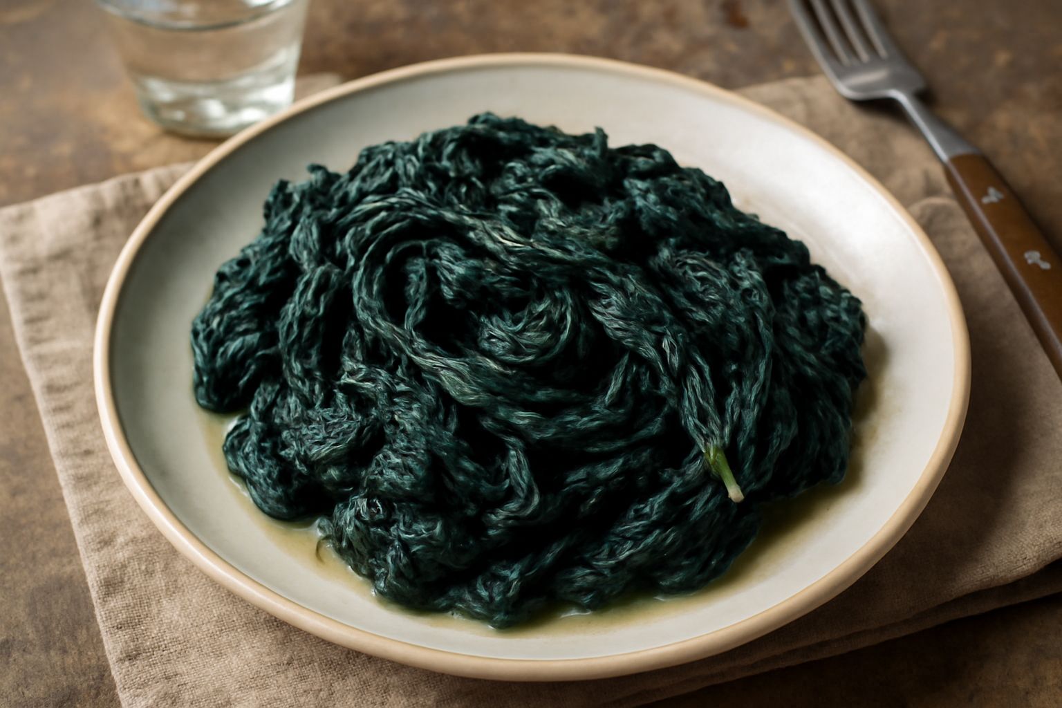 Piatto bianco con borragine bollita verde scuro, condita con olio extravergine e aglio, contorno elegante e sobrio su tavola rustica