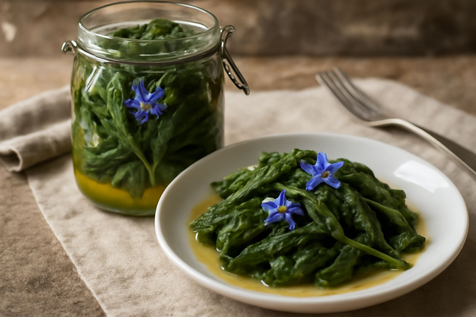 Barattolo di vetro con borragine conservata in olio giallo dorato, foglie verdi brillanti e fiori blu visibili, su un tavolo di legno chiaro con basilico fresco accanto