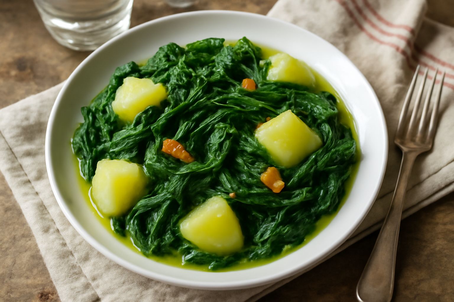 Borragine e patate tagliate a pezzi in umido in una ciotola di ceramica bianca, verde intenso della borragine e giallo delle patate cotte, condite con olio d'oliva e aglio sfettato dorato
