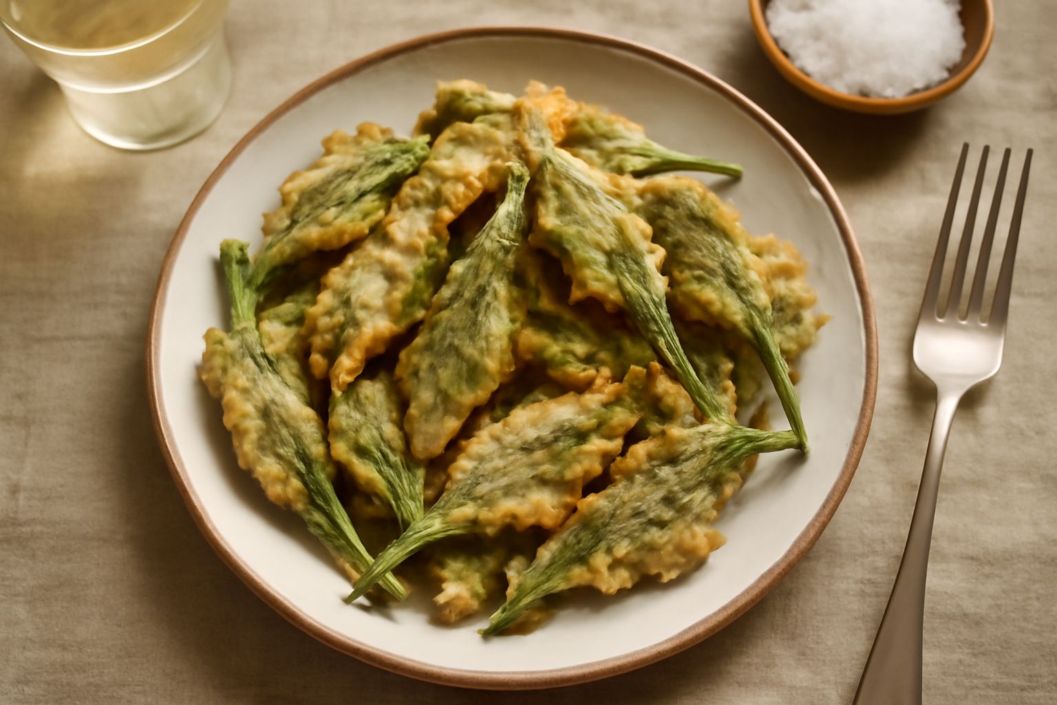 Fiori e foglie di borragine fritti, dorati e croccanti, su carta assorbente bianca con grani di sale marino grosso sparsi intorno