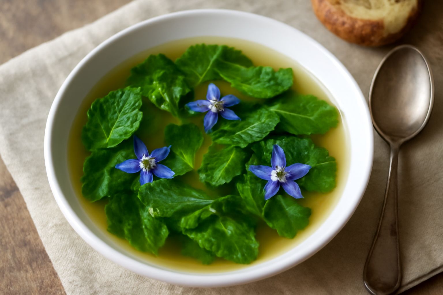 Tazza bianca con brodo trasparente e foglie verdi di borragine galleggianti in superficie, guarnito con un filo di olio extravergine e pane tostato sul lato