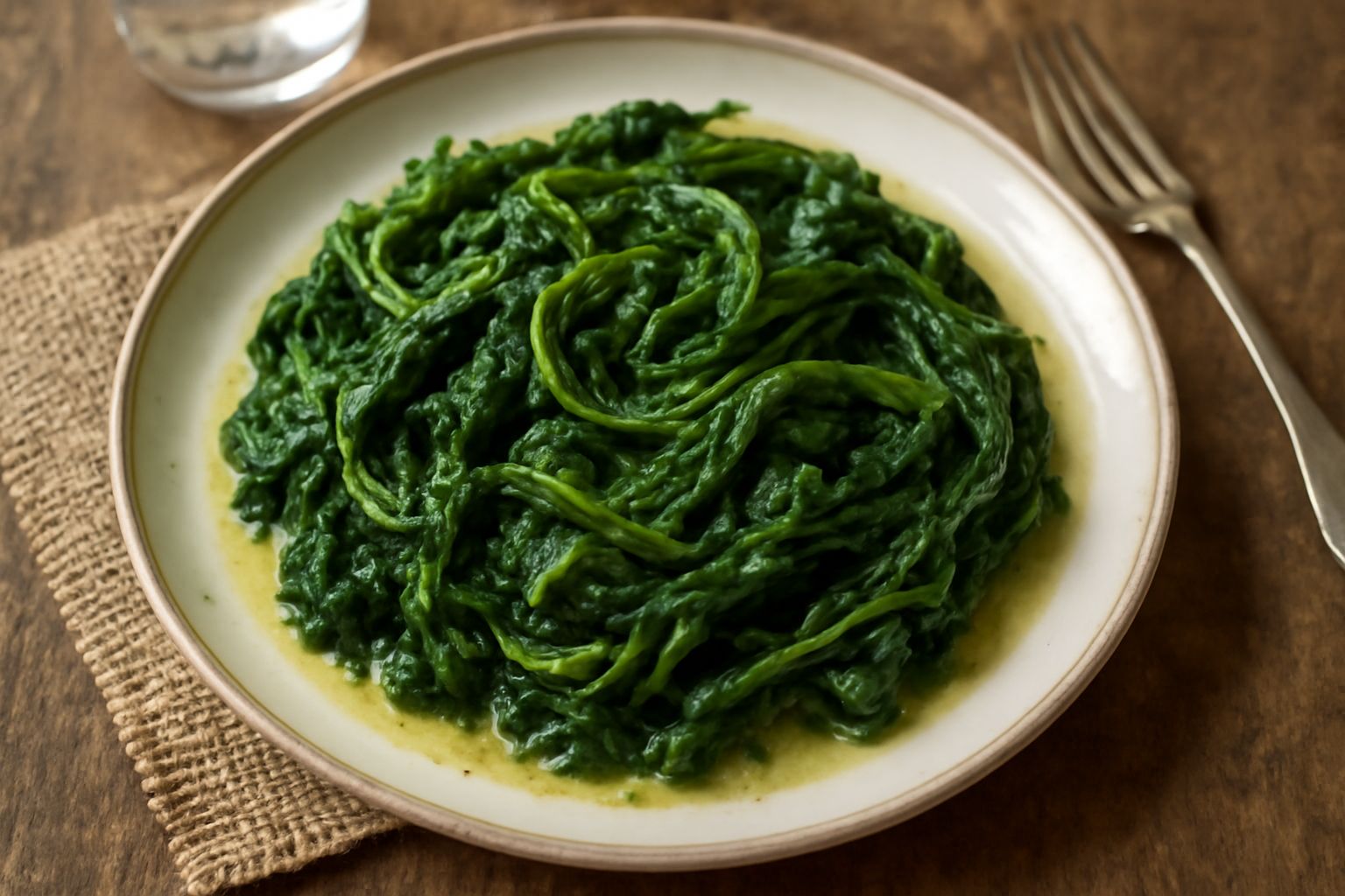 Borragine lessata in un piatto bianco, condita con olio d'oliva e aglio, foglie verdi e tenere appena scolate dal brodo
