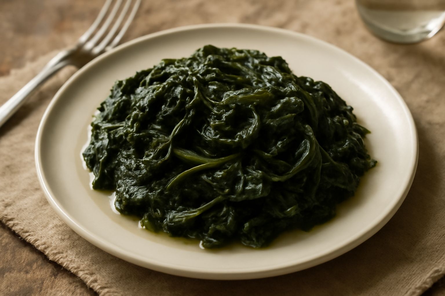 Borragine lessata verde scuro in un piatto bianco, condita con olio d'oliva e un filo di limone, foglie intere ancora morbide e brillanti