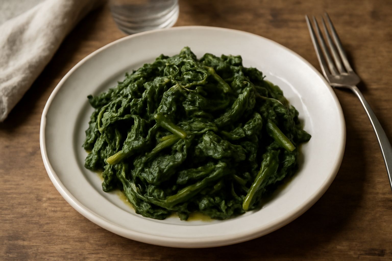 Borragine fresca cucinata in padella, foglie verdi scure raccolte insieme, olio lucido e spicchi d'aglio dorato