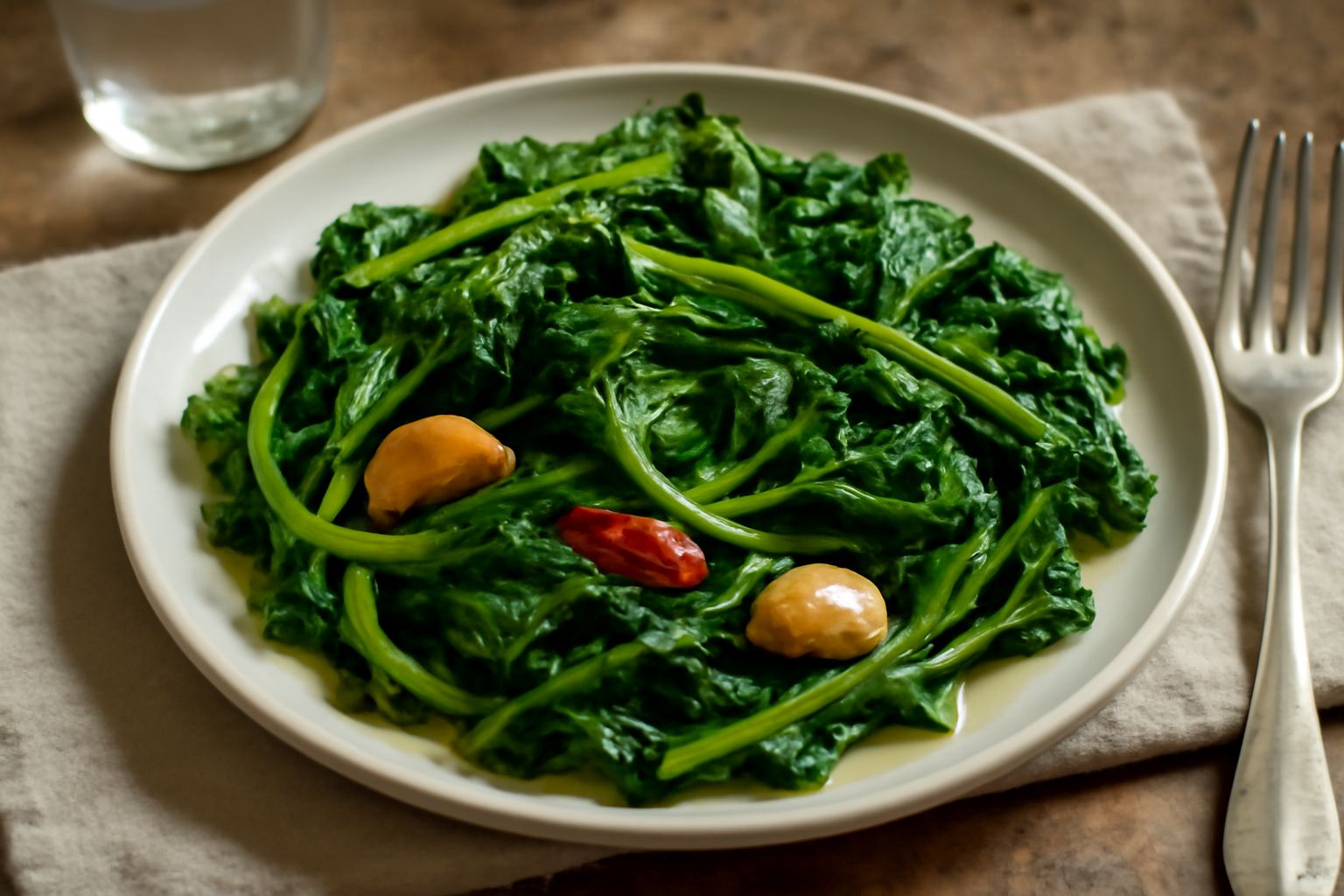 Borragine saltata in una padella di ferro con gambi verdi e foglie brillanti, aglio affettato dorato e gocce d'olio lucido, servita in un piatto bianco