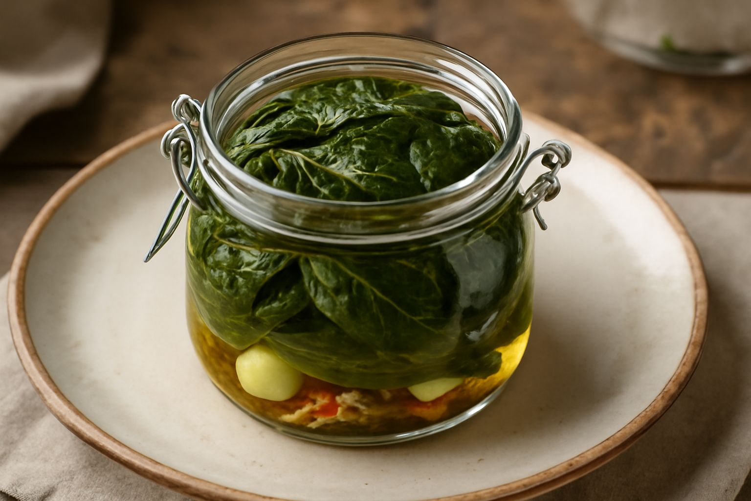 Barattolo di vetro con borragine sott'olio: foglie verde scuro immerse in olio trasparente, aglio e peperoncino rosso visibili dentro, tappo ermetico, su fondo di marmo bianco con ramo di borragine fr
