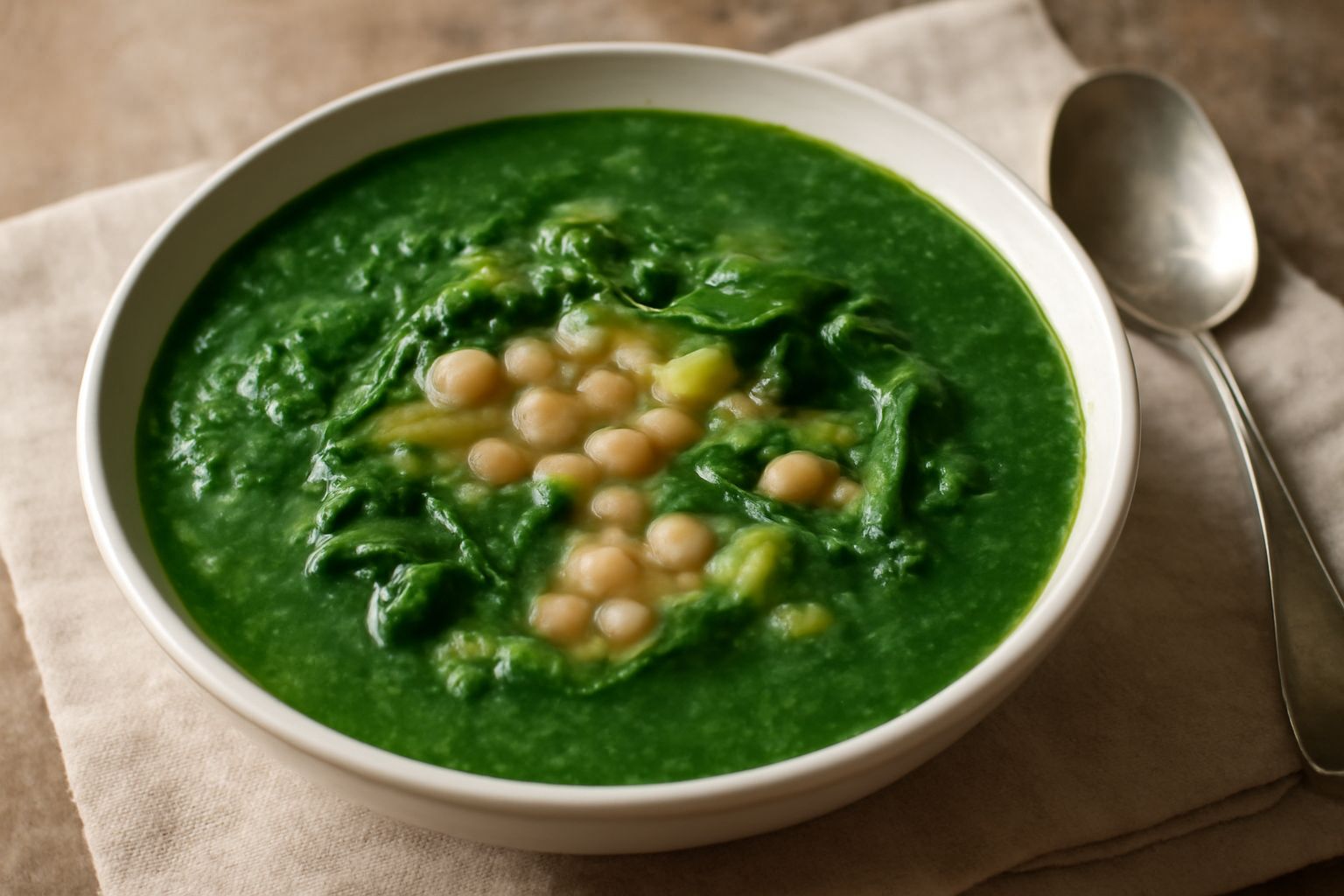 Ciotola di borrana con verdure verdi, legumi beige e brodo trasparente, servita in piatto fondo bianco con cucchiaio, vapore che sale dal piatto
