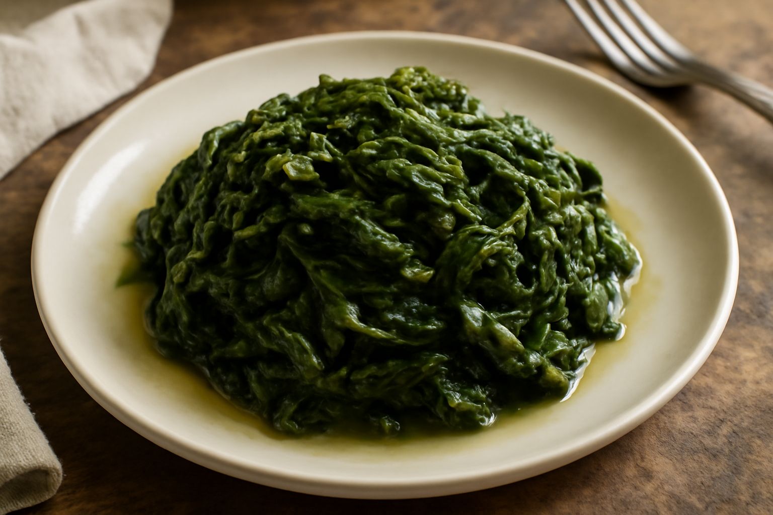 Borrana cotta in una ciotola bianca: verdure lessate verde scuro, tenere e morbide, con leggera lucidatura di olio, su fondo chiaro di cucina domestica