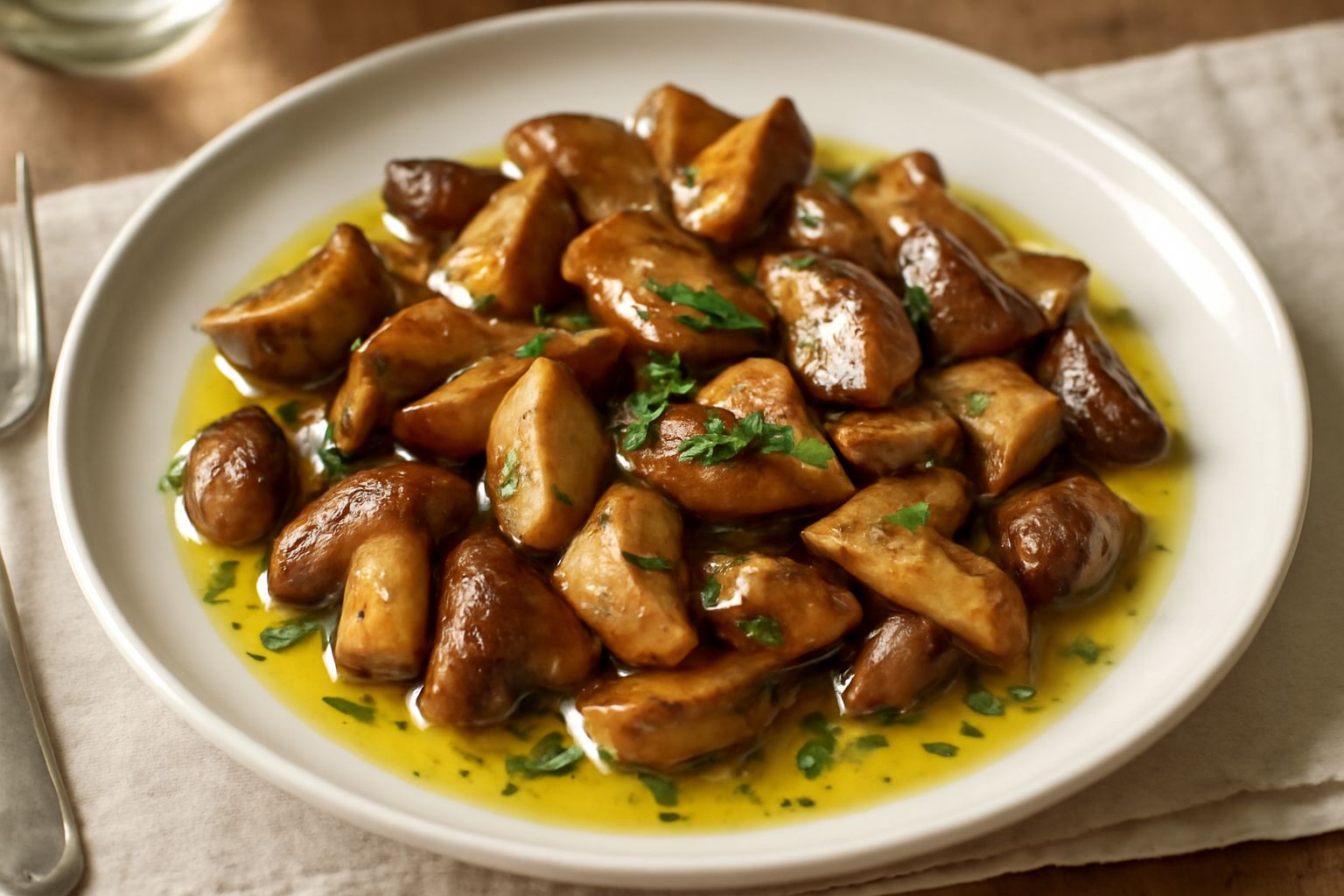 Funghi soffriitti dorate in padella di ferro, pezzi di colore marrone e nocciola, prezzemolo verde sparso sopra, timo fresco sui bordi, vapore leggero dalla cottura
