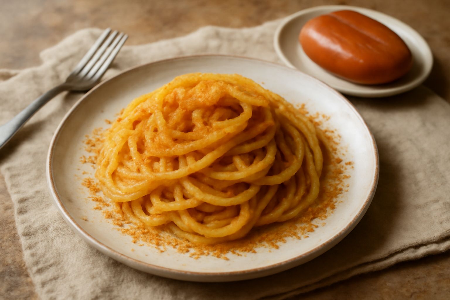 Fettuccine condite con bottarga grattugiata, olio d'oliva e prezzemolo fresco, su un piatto bianco; la bottarga visibile come polvere dorata sopra la pasta