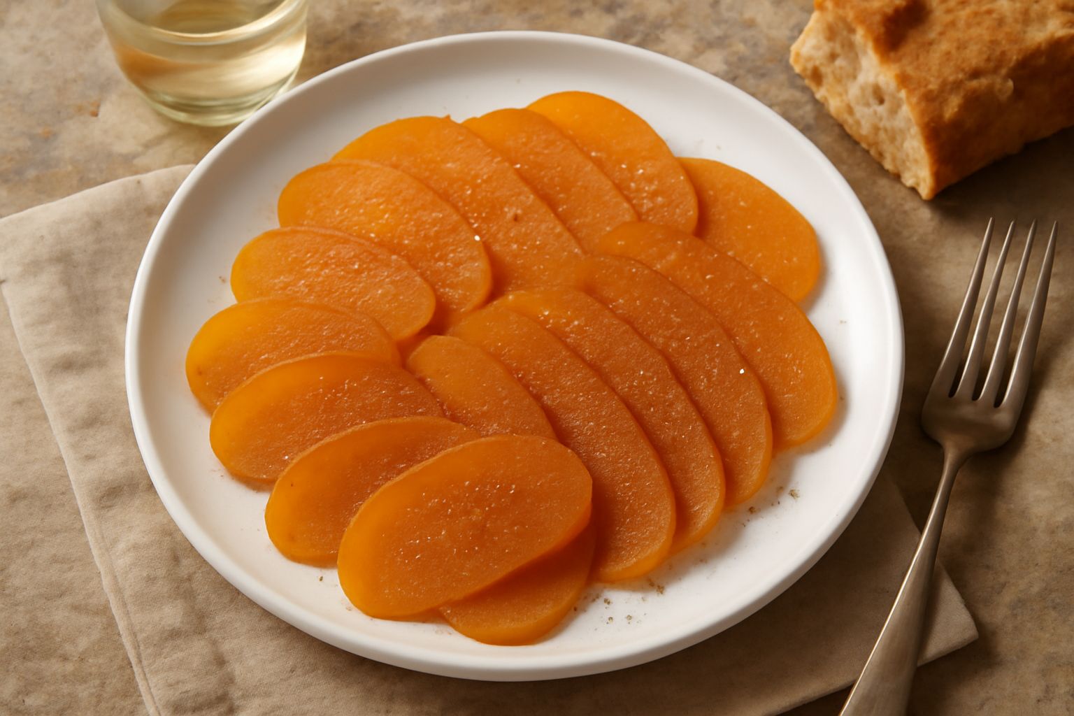 Fette sottili di bottarga arancione dorata affettate su un piatto bianco, con gocce di olio d'oliva e pane tostato a lato