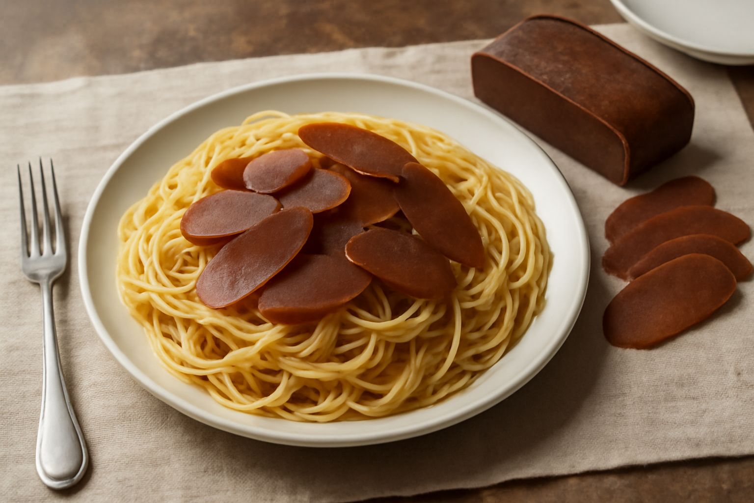 Fettine di bottarga bresciana marrone scuro e compatte appoggiate su un tagliere di legno, accanto a un limone tagliato e pane tostato