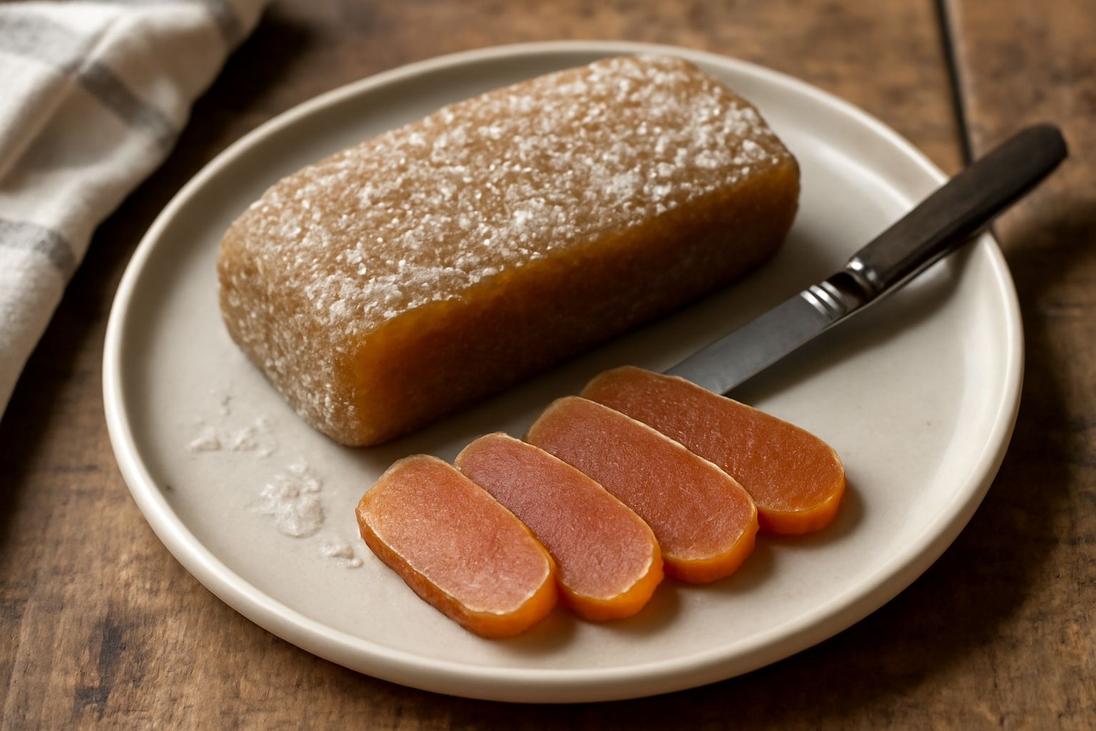 Bottarga conservata color ambra dorato, squadrata o ovale, con cristalli di sale marino grosso sui lati, su un piatto bianco con fondo grigio neutro