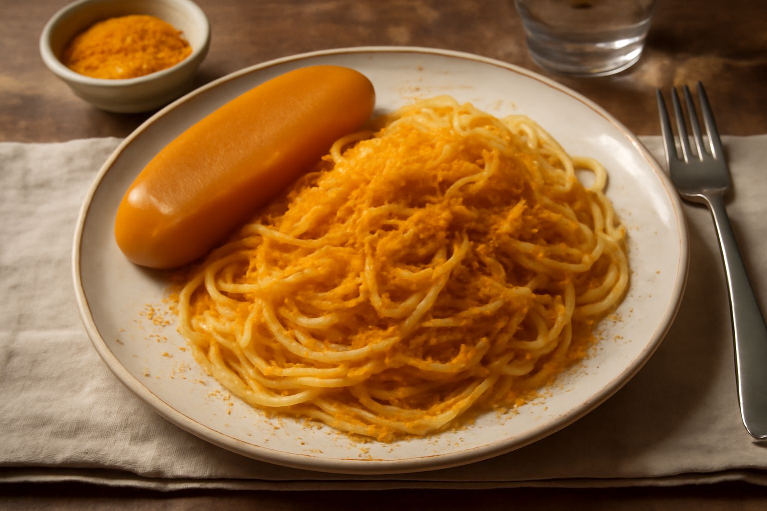 Bottarga di mugghine intera e grattugiata su un piano di legno scuro, con grattugia in primo piano, gocce d'olio d'oliva e limone fresco accanto