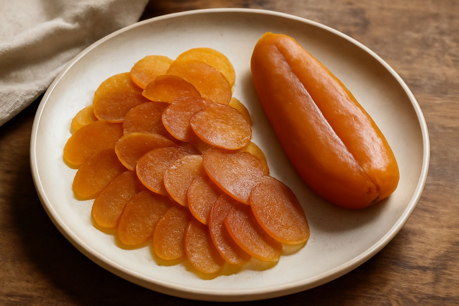 Bottarga di muggine intera di colore ambrato dorato, affettata su un tagliere di legno con fiocchi di sale marino a grana grossa e un coltello da cucina accanto