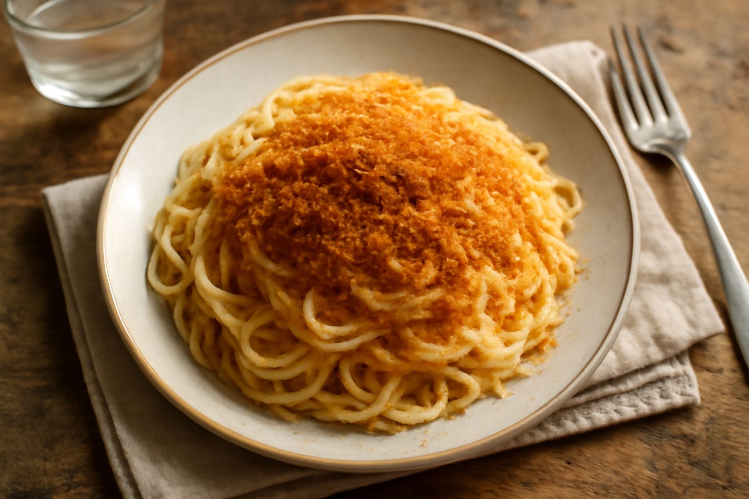 Bottarga di muggine intera color ambra scuro accanto a una grattugia in metallo, con pezzetti di bottarga grattugiata sparsi su un piatto bianco e qualche filo sul fondo