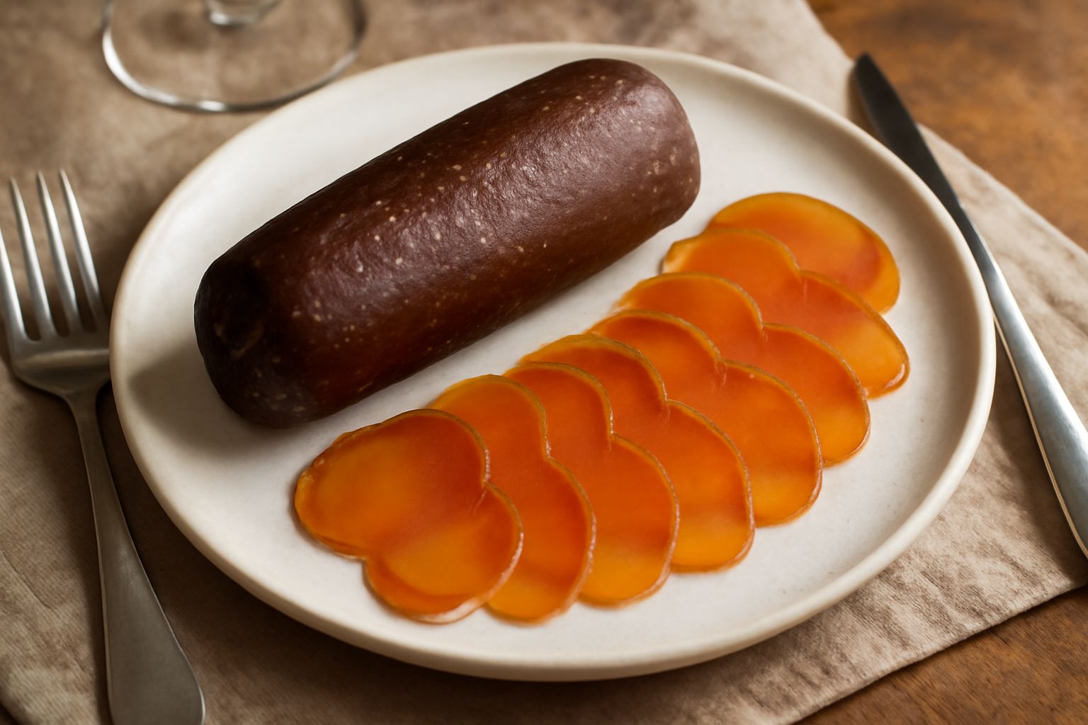 Bottarga di pesce spada affettata su un piatto bianco, color marrone scuro e dorato, servita con pane tostato e olio d'oliva, scorza di limone al lato