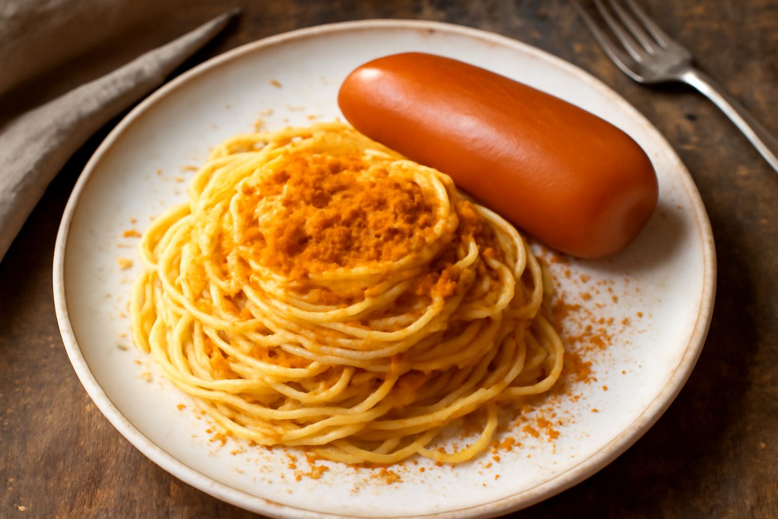 Bottarga di tonno grattugiata color ambra su un piatto bianco, accanto a una porzione grattugiatrice in acciaio e uova di tonno intere color arancio dorato