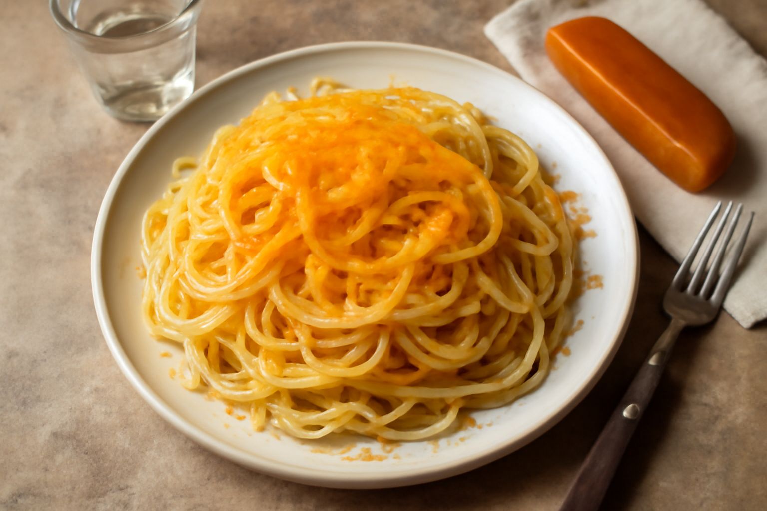 Bottarga di Trapani intera e grattugiata su piatto bianco, accanto a limone fresco e pasta secca all'uovo cruda