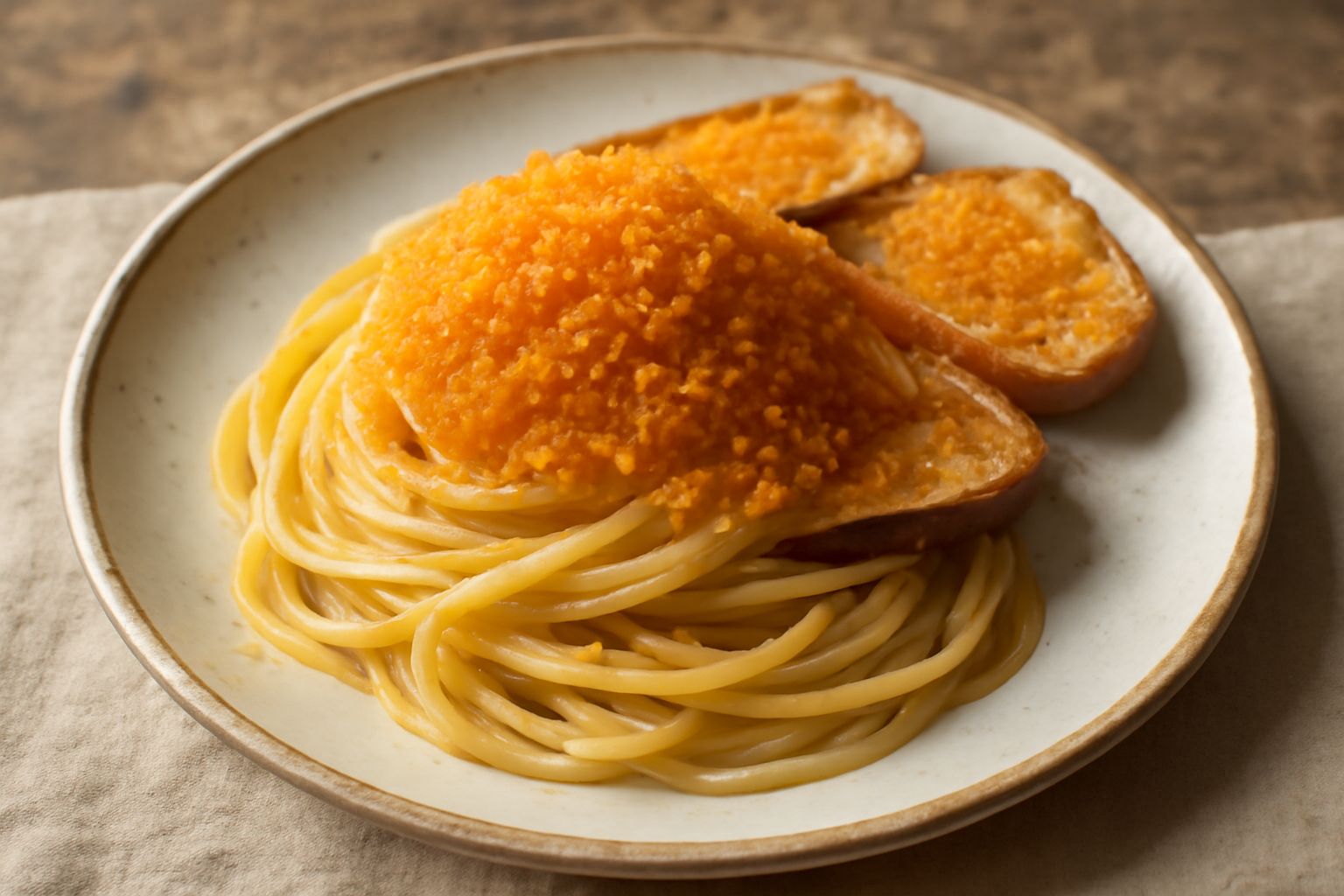 Piatto bianco con spaghetti conditi con bottarga grattugiata color arancio dorato, con gocce di olio d'oliva, limone in fondo e prezzemolo fresco sparse in superficie