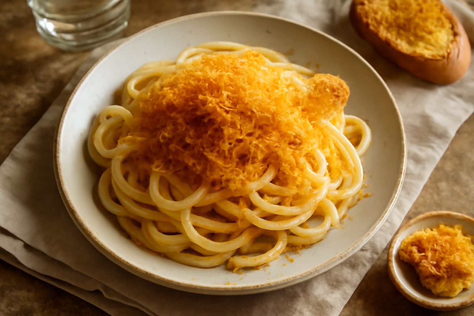 Un piatto bianco con spaghetti al burro ricoperti da bottarga grattugiata di colore ambrato dorato, con scaglie visibili e brillanti, contornati da limone fresco affettato e prezzemolo verde