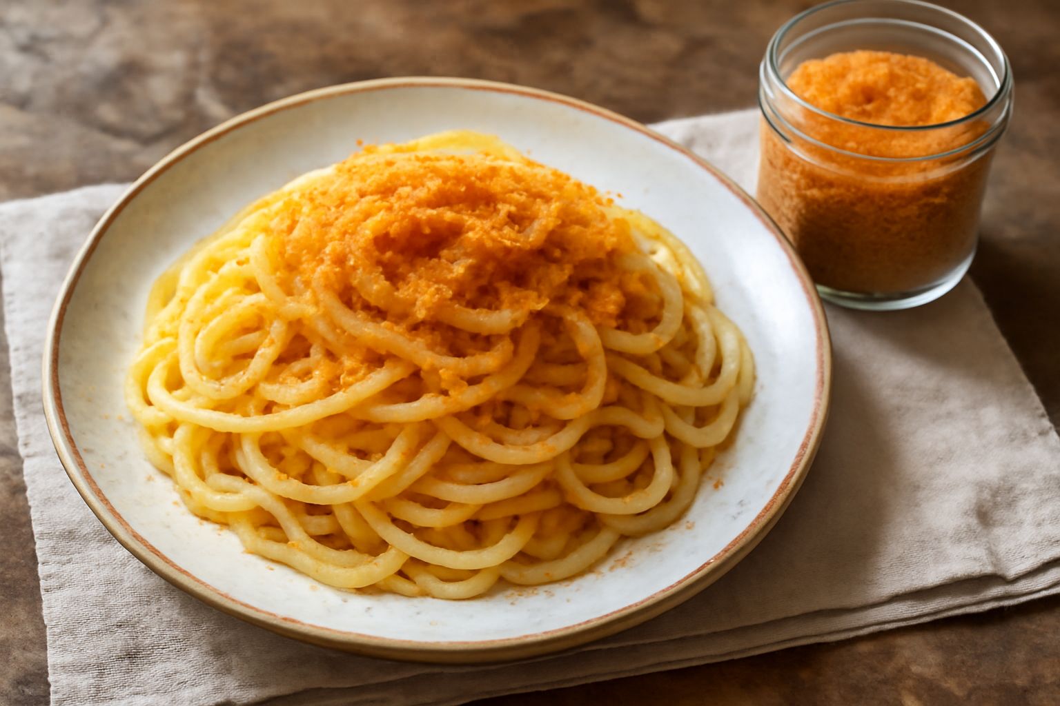 Bottarga grattugiata color ambra dorato in una ciotola di vetro, con una grattugia in acciaio inossidabile a fianco e un cucchiaio di legno che la raccoglie