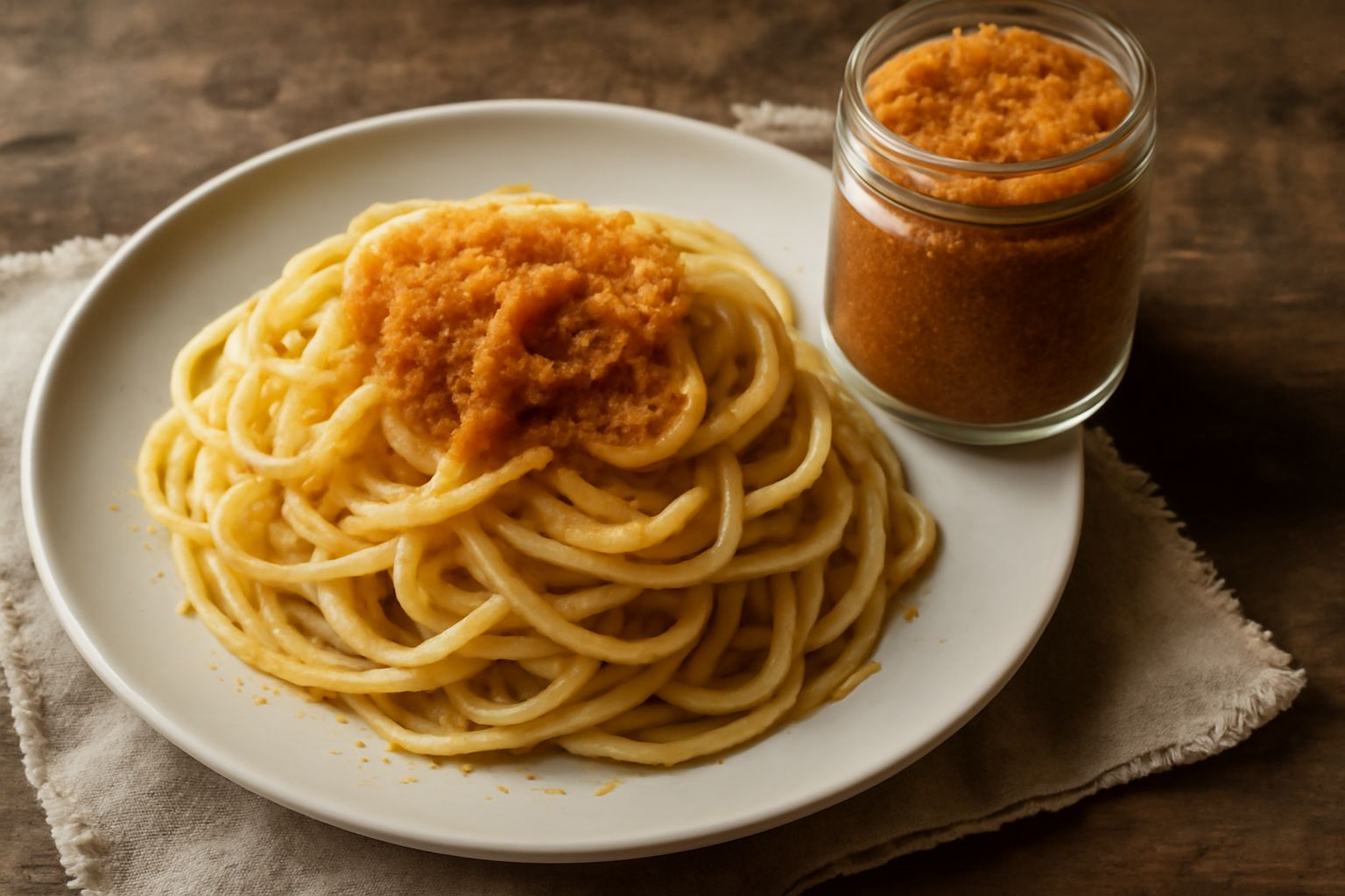 Vasetto di vetro riempito di bottarga grattugiata di colore ambrato, accanto a una grattugia fine in acciaio e a un mazzetto di prezzemolo fresco su fondo di legno chiaro