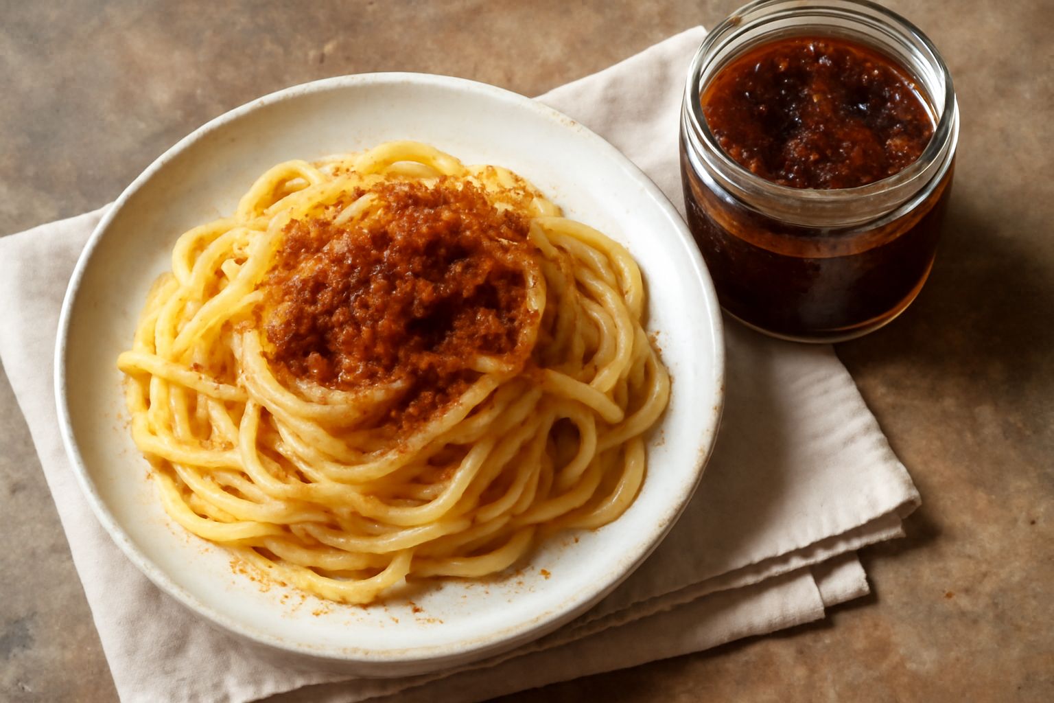 Barattolo di vetro con bottarga grattugiata sott'olio di colore ambrato scuro, visibile la consistenza granulosa, accanto cucchiaio di legno e bottarga intera