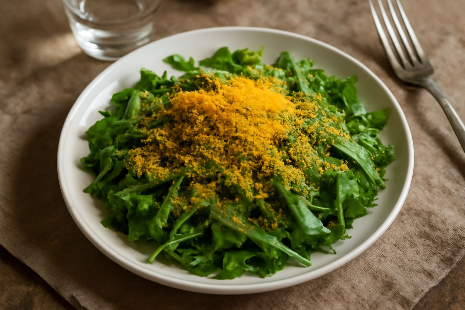 Insalata mista di verdure fresche con bottarga grattugiata giallo-arancio distribuita uniformemente sulla superficie, olio extravergine brillante, fetta di limone di contorno su piatto bianco