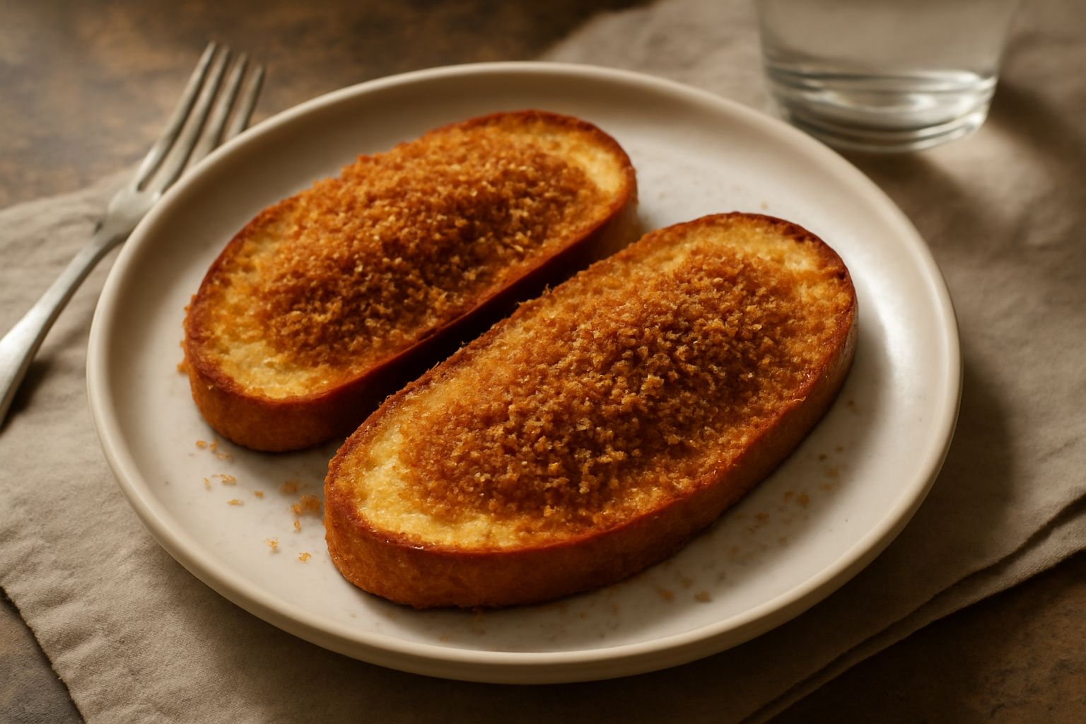 Fette di pane tostato dorate con bottarga grattugiata color ambra distribuita in granuli sottili, gocce di limone fresco, contorno di piatto bianco
