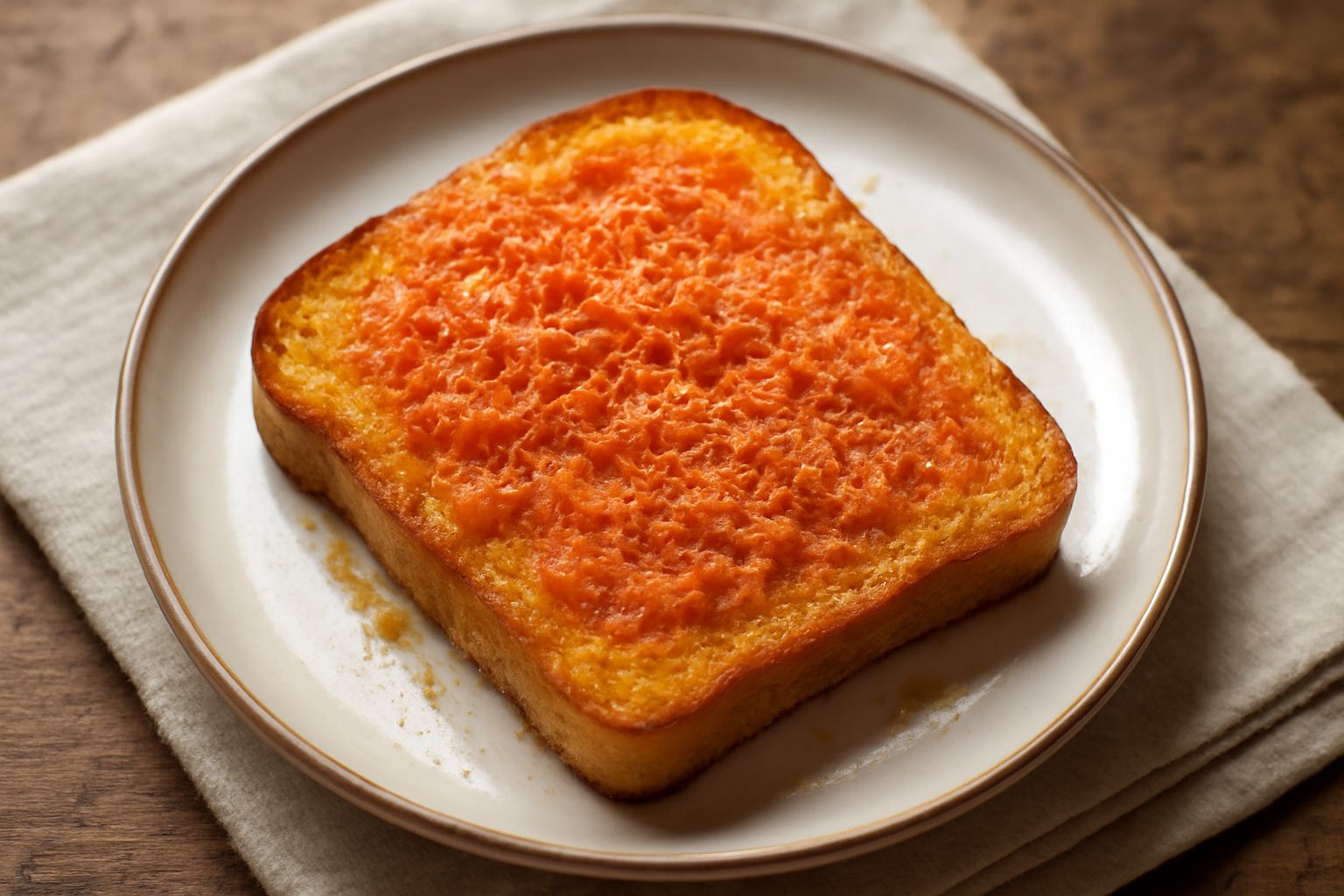 Fette di pane tostato dorato con bottarga arancione grattugiata in generose scaglie, con un sottile velo di olio extravergine d'oliva e qualche cristallo di sale marino visibile