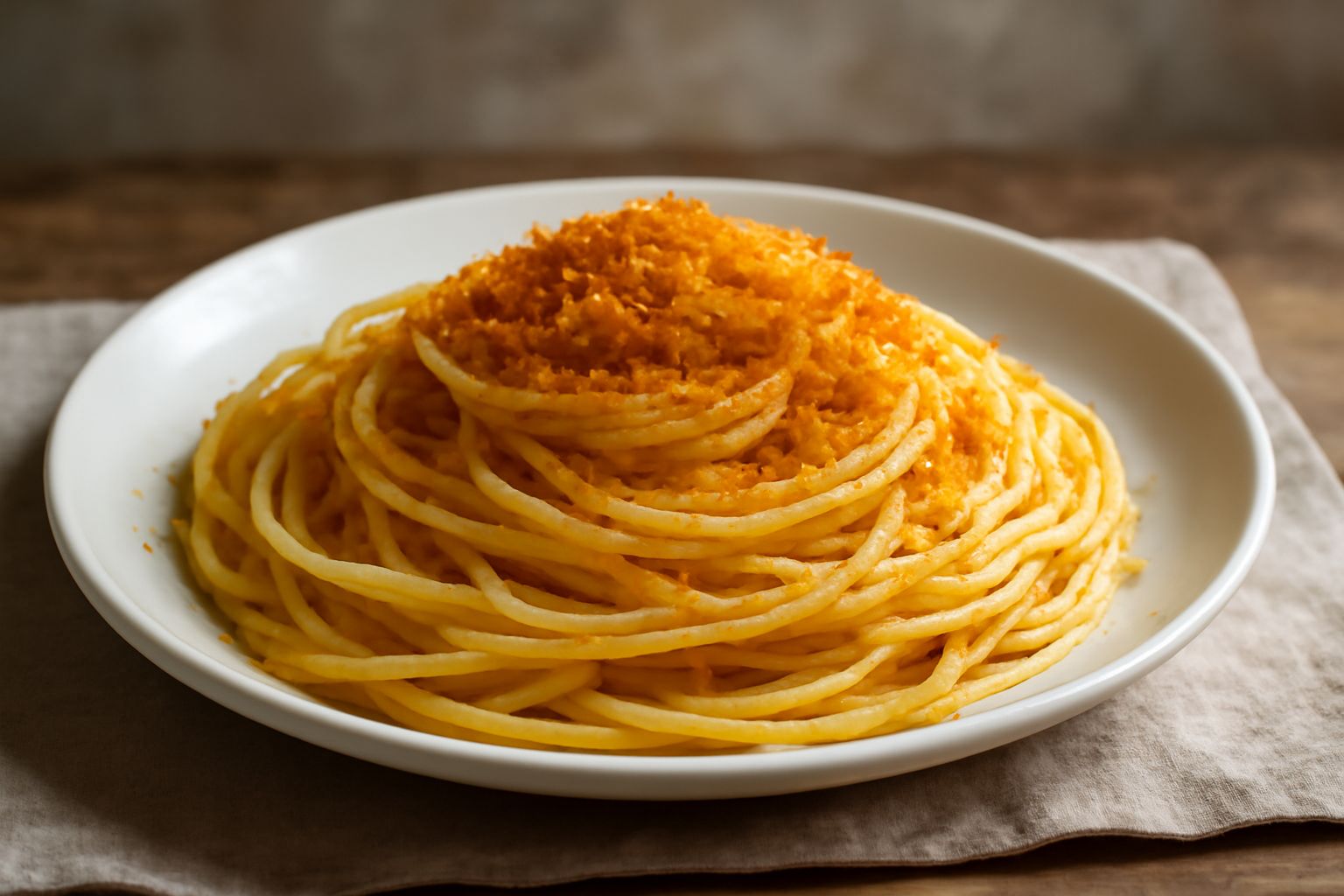 Piatto di pasta con bottarga grattugiata di colore ambrato dorato, olio d'oliva lucido in superficie, pepe nero visibile tra i granuli di bottarga, servito in ciotola bianca su sfondo neutro