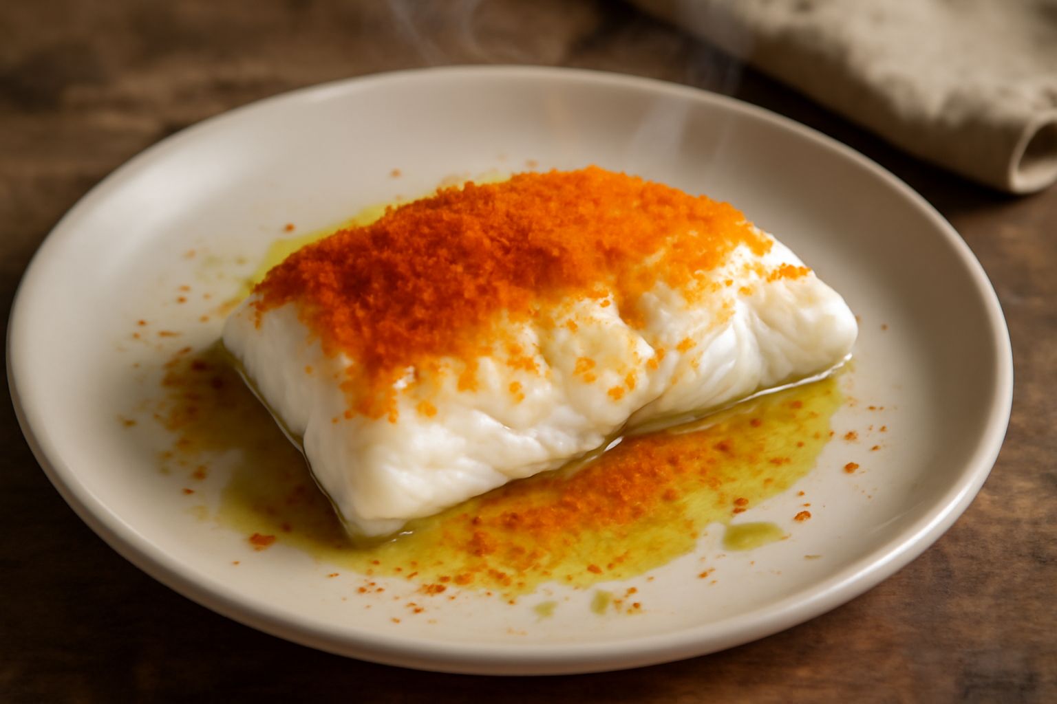 Filetto di branzino bianco servito in piatto bianco, cosparso di bottarga arancione grattugiata finemente, con gocce di olio verde e fette di limone giallo sul bordo