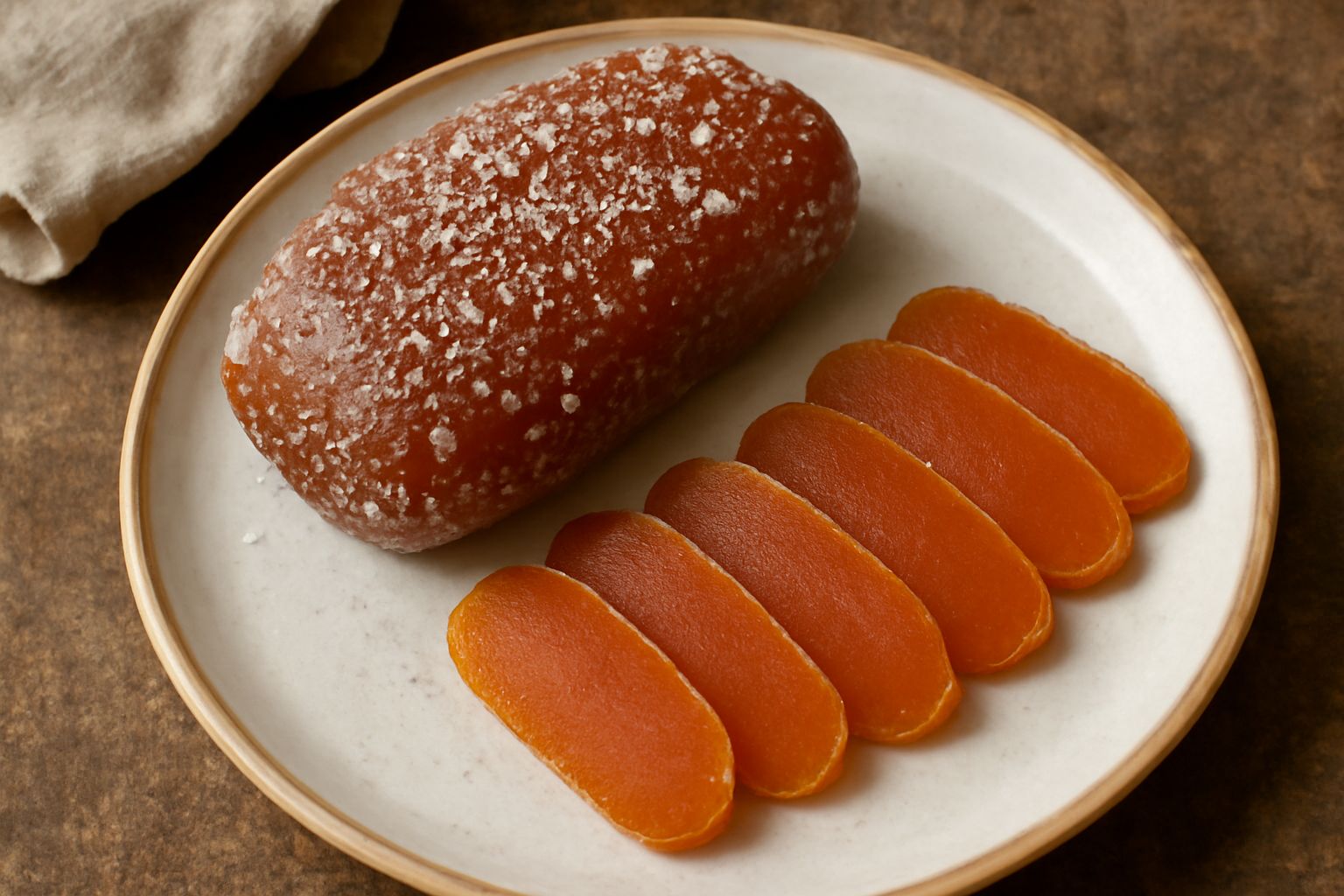 Bottarga salata intera color ambra su sfondo bianco, spezzata a metà per mostrare la consistenza granulosa interna, circondata da cristalli di sale grosso