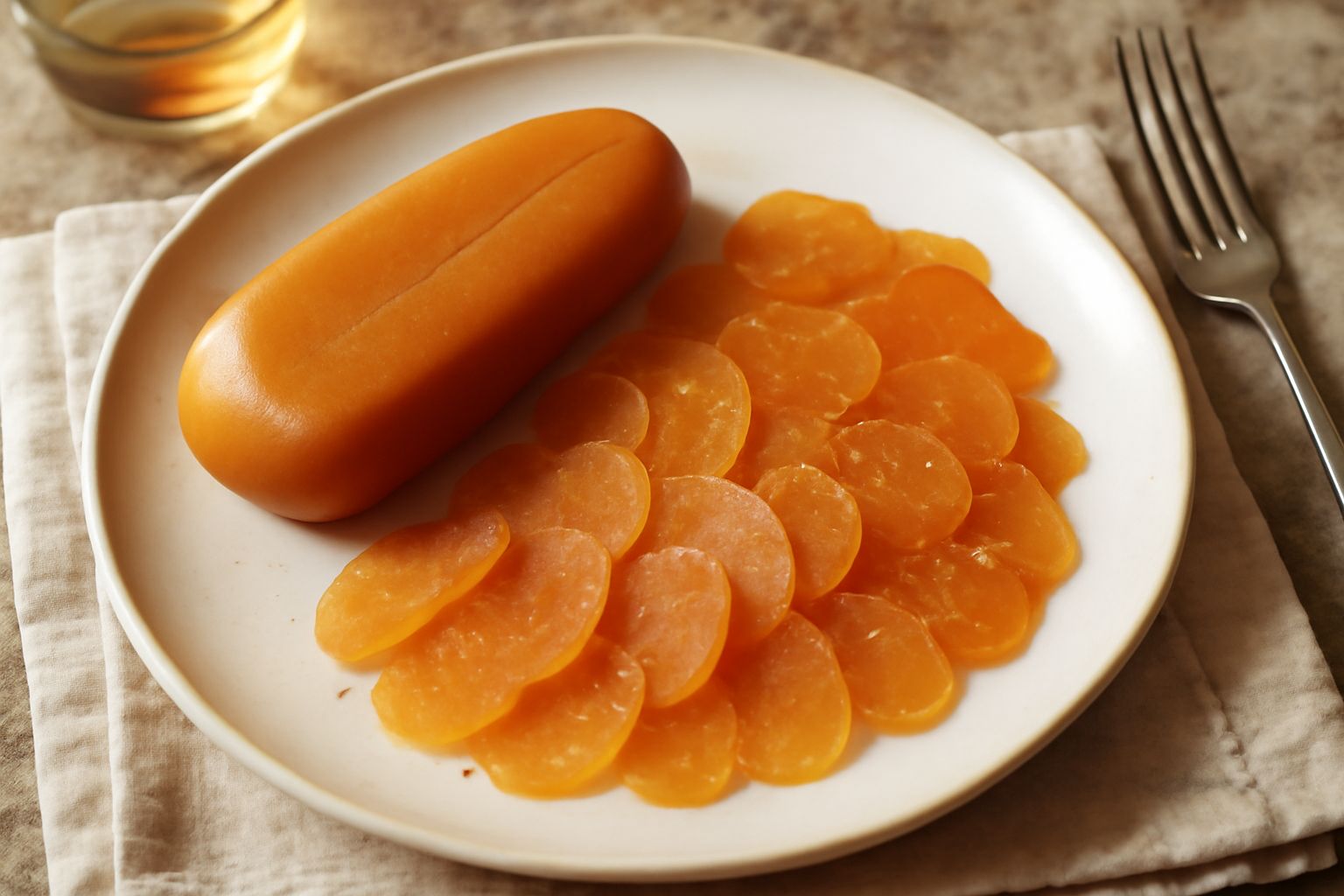 Bottarga seccata su piatto bianco, forma ovale compatta, superficie rugosa e uniforme di colore beige-arancio, leggermente lucida, affettata a fette sottili trasparenti ai bordi