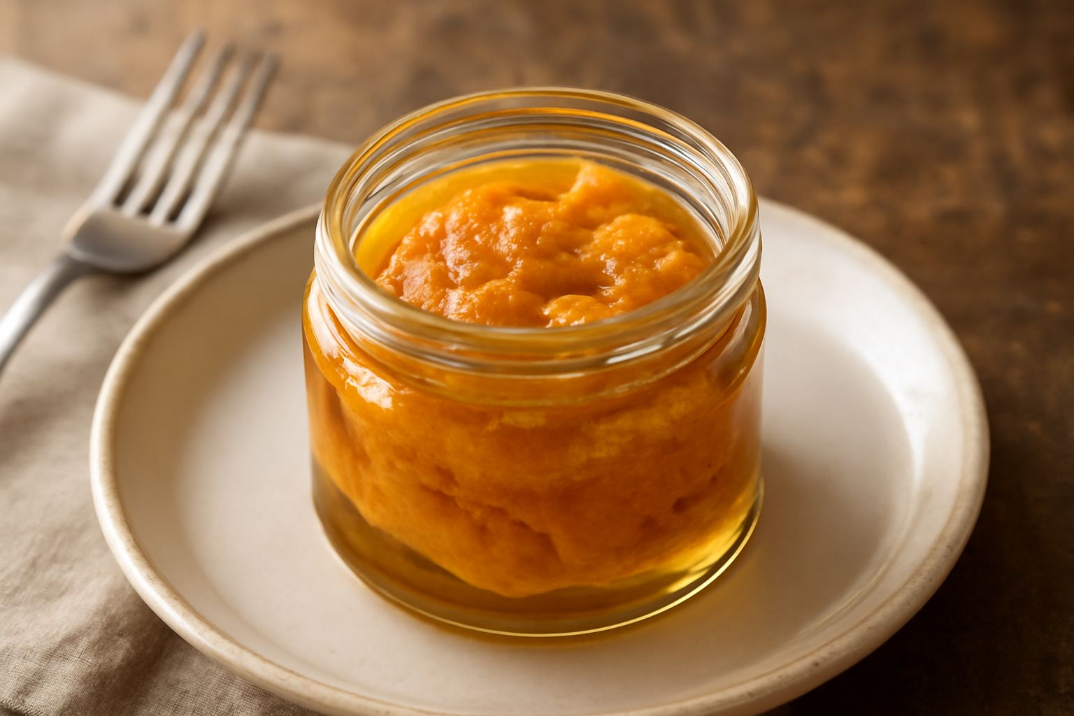 Barattolo di vetro con bottarga arancione-dorata immersa in olio trasparente, sfondo bianco, con una fetta di pane tostato accanto