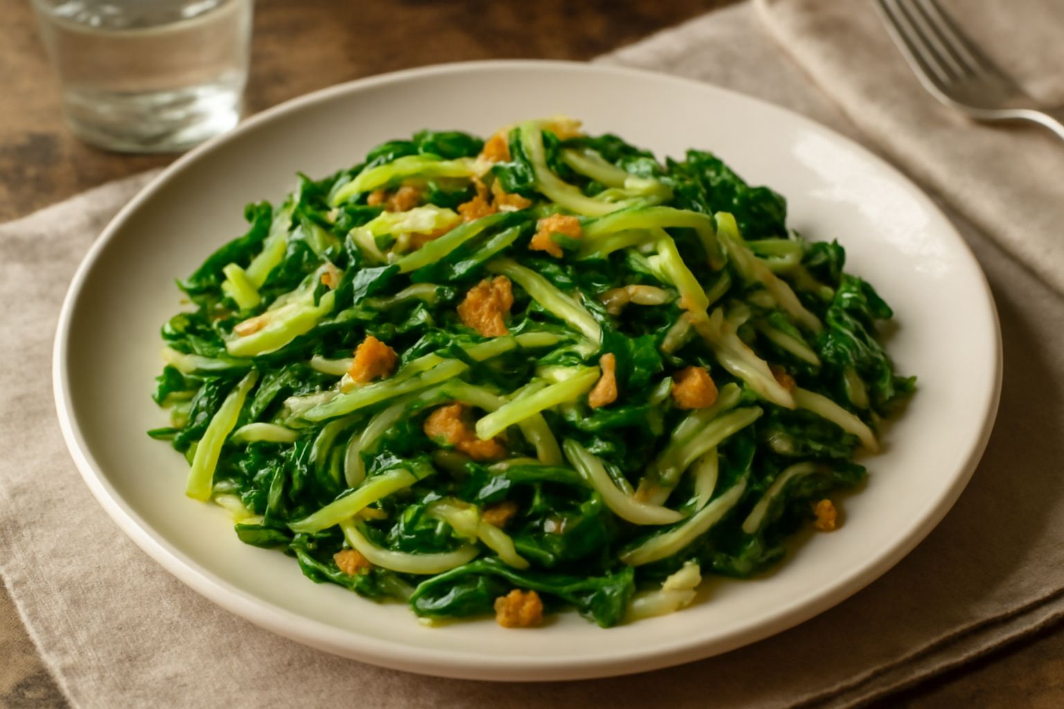 Bottatrice alla veronese in piatto bianco: verdure saltate di colore verde e bianco, aglio dorato, filo di olio d'oliva, servita ancora fumante