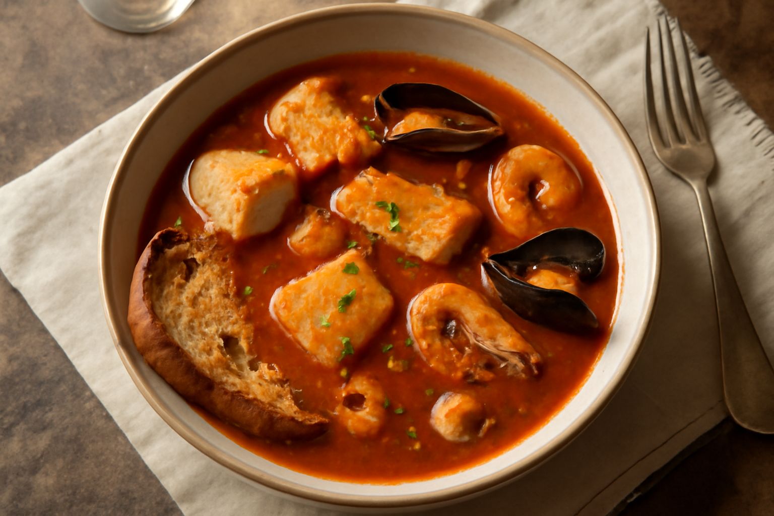 Bozza livornese in ciotola profonda di ceramica beige, brodetto rosso-arancio con pezzi di pesce bianco e crostacei, pane tostato ai bordi, prezzemolo verde fresco sparso in superficie, tavolo in legn