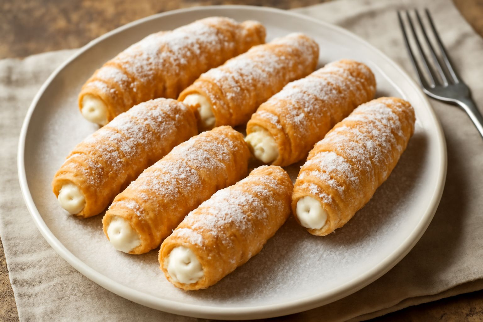 Bozzolai dorati e croccanti disposti su un piatto, ricoperti di zucchero a velo, con un bozzolao tagliato a metà che mostra il ripieno di ricotta bianca e pezzetti di canditi colorati