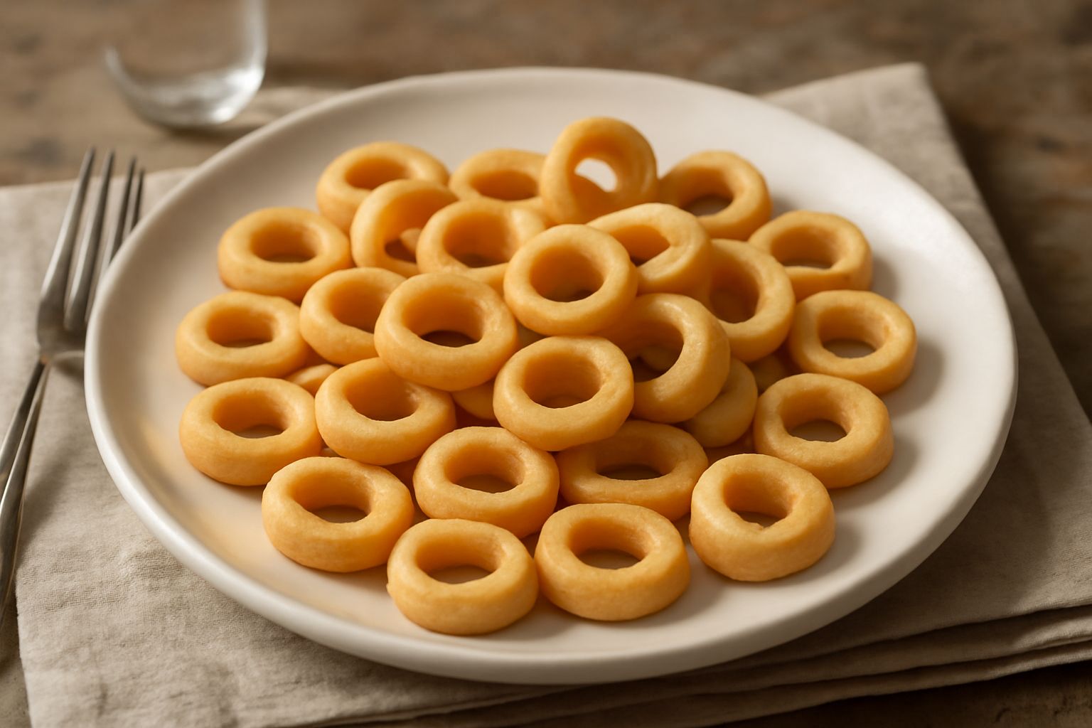 Braccialetti di pasta di mandorle dorati e croccanti disposti in fila su carta bianca, con superficie leggermente irregolare e riflessi dell'impasto di mandorla visibile, sfondo neutro chiaro