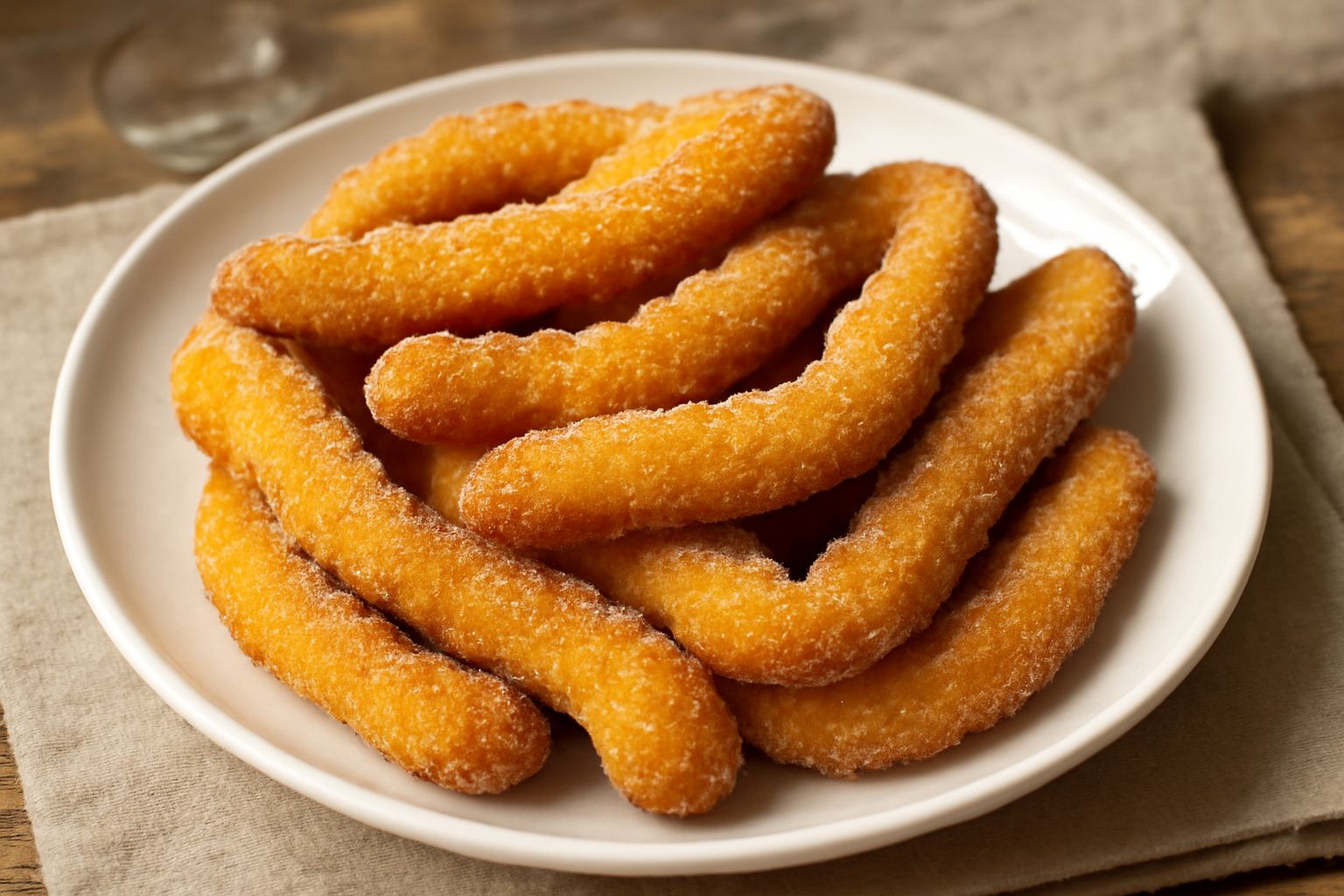 Bracciatelli fritti dorati e croccanti disposti su un piatto bianco, spolverati di zucchero granulato, forma allungata e ondulata