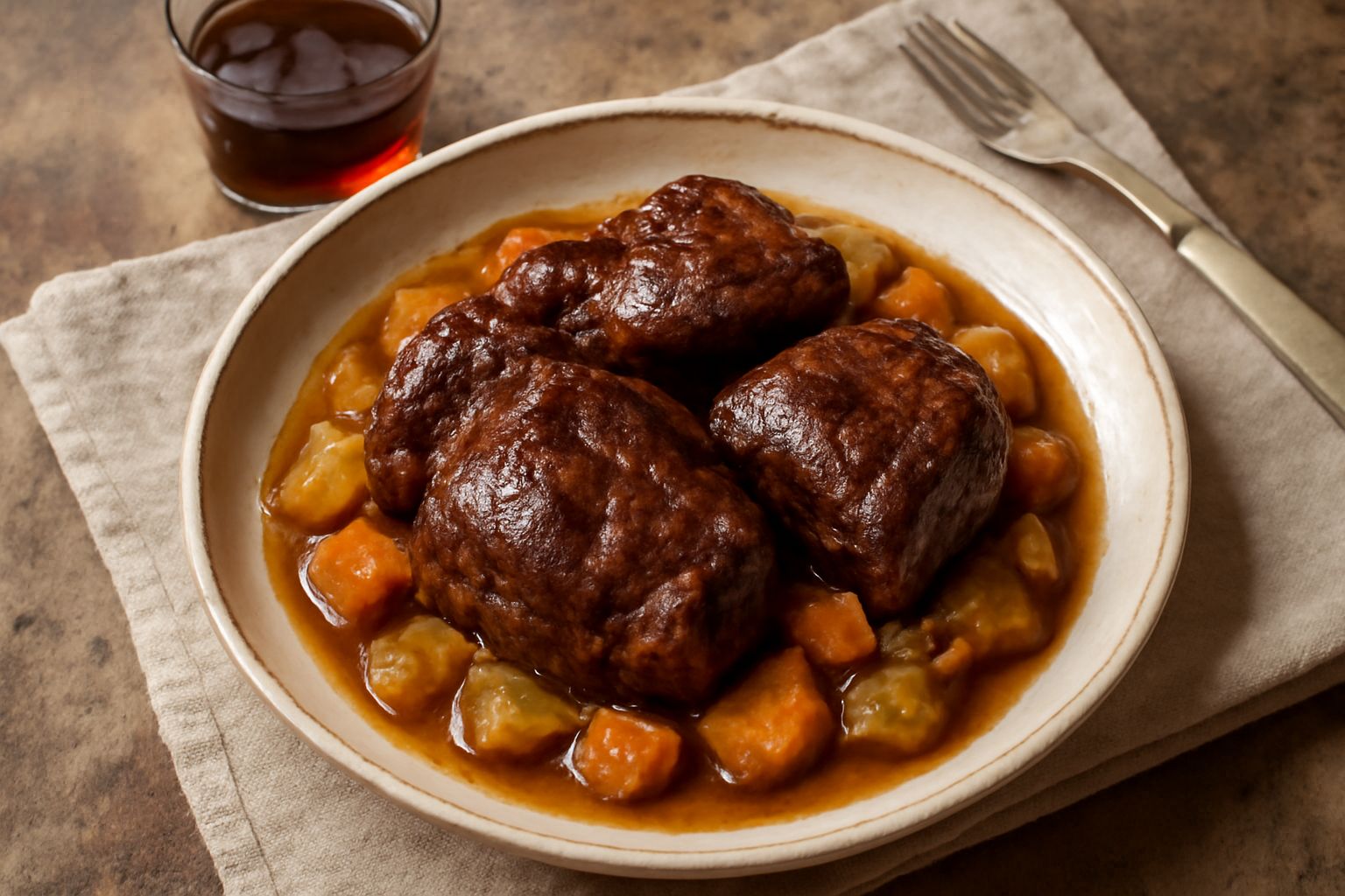 Brace di castrato in pentola di terracotta, carni scure e tenere circondate da verdure rosse, gialle e verdi, brodo ristretto e lucido, erbe aromatiche sparse sulla superficie